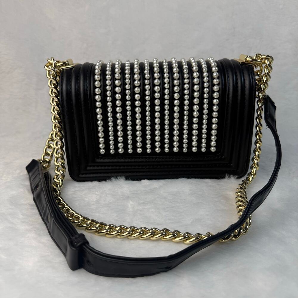 Pearl Embellished Black Quilted Crossbody Bag